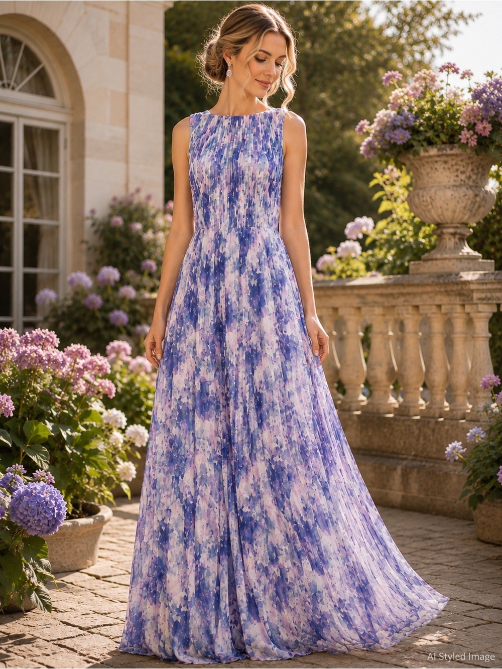 Kay Unger Luisa Floral Pleated Gown Size 2 Watercolor Chiffon Formal Dress NWT